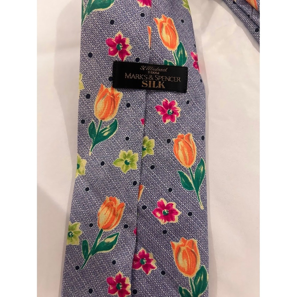 Marks & Spencer Mens Silk Tie Blue‎ Grey Orange Tulip Floral Polka Dot Print - Picture 5 of 8